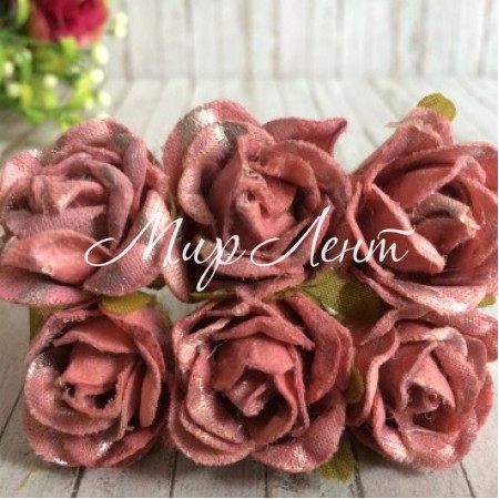 Роза тканевая с блеском, 2,5 см, пудровый с серебромм, упаковка 48 шт.