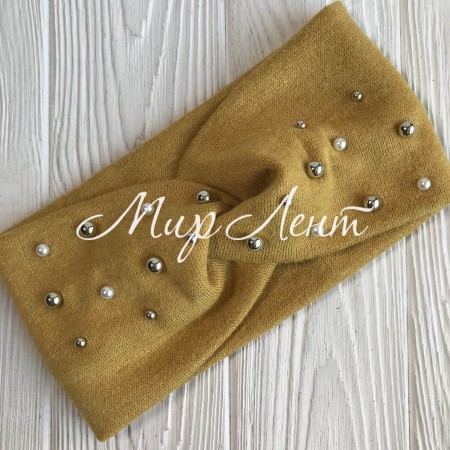 Повязка ангора с микс жемчугом, 10,5 см, горчичная, шт.