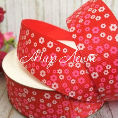 Репс 2,5 см, маленький цветочек, красный, рулон 23 м