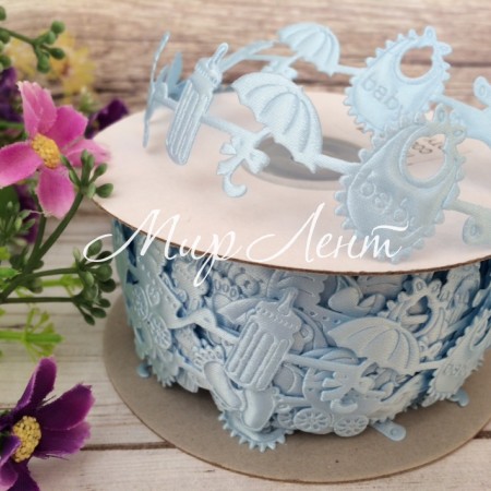 Кружевная детская лента, бутылочка-зонтик-коляска, 2 см, голубая