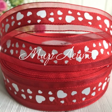 Органза с сердечками, 2,5 см, красный с белыми сердцами, рулон 45 м