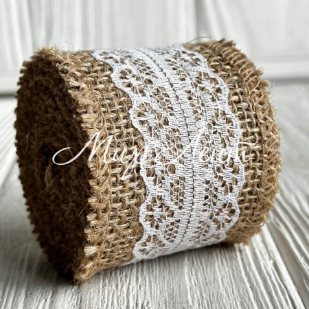 Стрічка-мішковина з мереживом (3 см), 5 см, натуральна з білим, рулон 2 ярда