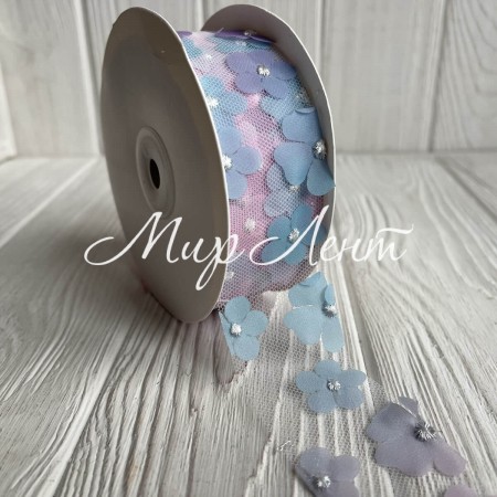 Лента из фатина с шифоновыми цветами, 4 см, бирюзово-малиновый, рулон 23 м