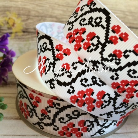 Репс 2,5 см, орнамент калина, білий, рулон 23 м