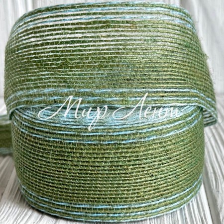 Лента мешковина леска (с белой ниткой), 4 см, оливковая, рулон 9 м
