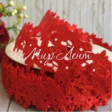 Кружевная лента розочка с листиком, 2,5 см, красный, рулон 17,5 м