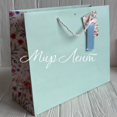Подарунковий пакет з квітковим принтом (J01189), 31х26х12 см, мятний, упаковка 12 шт. 