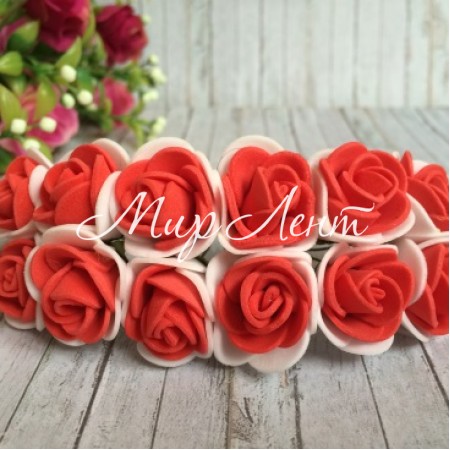Роза 2,2 см, бело-красная, упаковка 12 пучков (144 шт.)