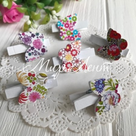 Прищепка-декор, 2,5х2,2 см, бабочки в цветочек (цветной микс), упаковка 12 шт.
