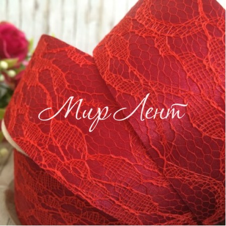 Атлас 4 см, кружево, красный бархат, рулон 17,5 м