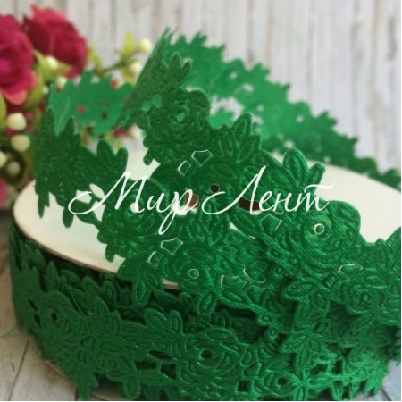 Кружевная лента розочка с листиком, 2,5 см, зеленый, рулон 17,5 м