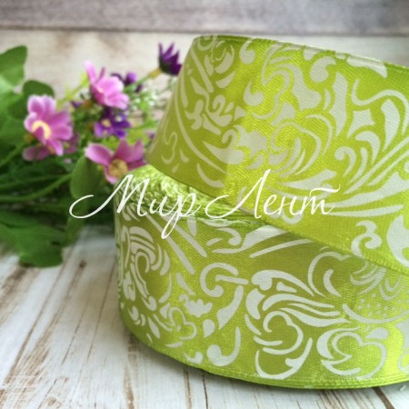Атлас 4 см орнамент, оливковый, рулон 45 м