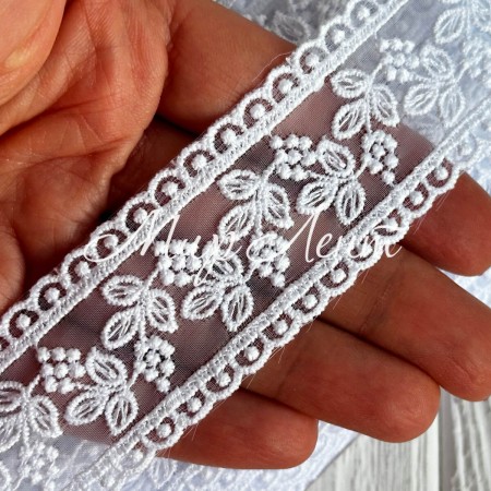 Кружево органзовое (D30114), 3,3 см, белое, рулон 13 м