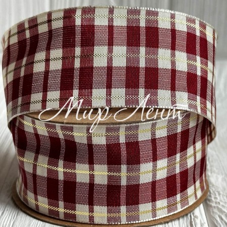 Лента шотландка, 4 см, бело-бордовая, рулон 18,5 м