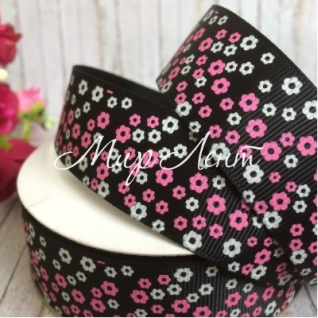 Репс 2,5 см, маленький цветочек, черный, рулон 23 м