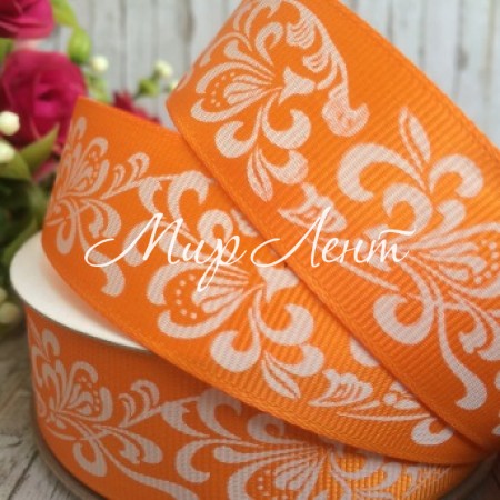 Репс 2,5 см, орнамент, помаранчевий, рулон 23 м