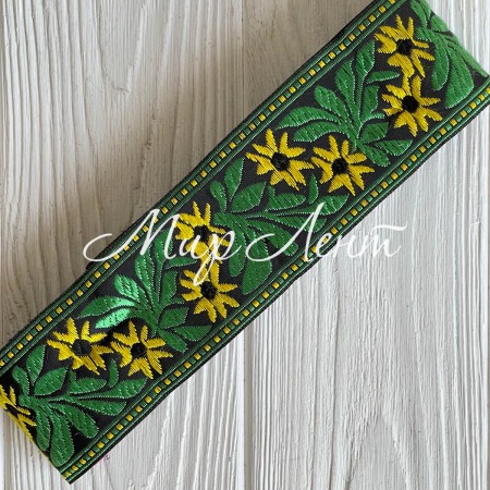 Тесьма вышиванка (барвинок), 5 см, желто-зеленый на черном, рулон 9 м
