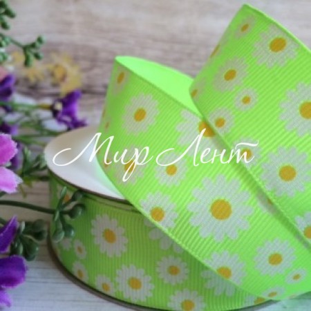 Репс 2,5 см, ромашка, салатовый, рулон 23 м