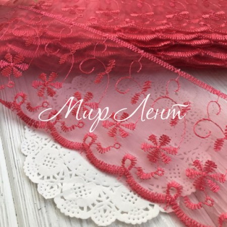 Кружево органзовое Беатрис, 8 см, алое, рулон 13,5 м