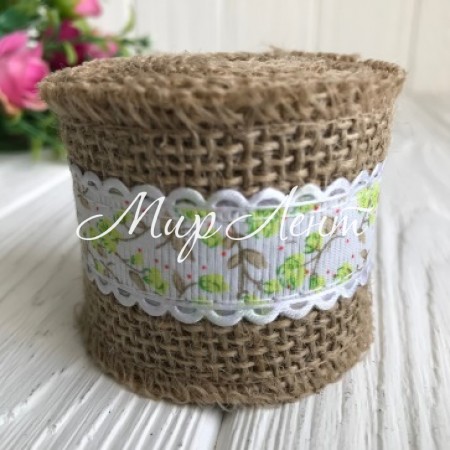 Лента мешковина с лентой-розочкой, 5 см, салатовый, рулон 2 ярда