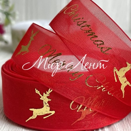 Органза 2,5 см, Merry Christmas с оленем, красный, рулон 23 м