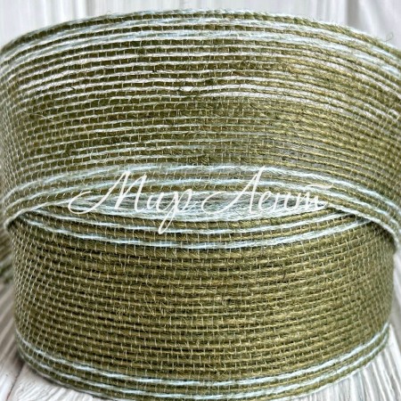 Лента мешковина леска (с белой ниткой), 4 см, хаки, рулон 9 м
