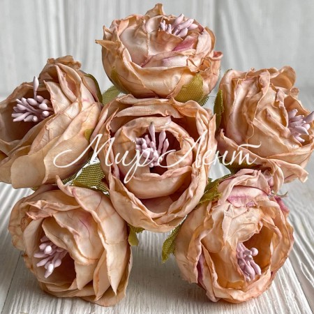 Винтажная роза с тичинками, 3,5 см, бежево-розовая, упаковка 42 шт.