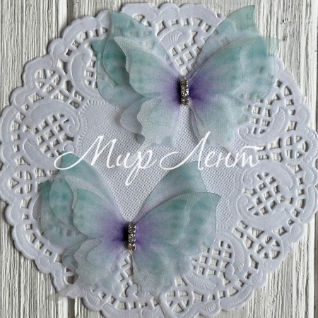 Шифоновий метелик тришаровий зі стразами (хамелеон), 5,7х5,5 см, мятно-бузковий, упаковка 25 шт.