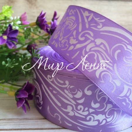 Атлас 4 см орнамент, лиловый, рулон 45 м