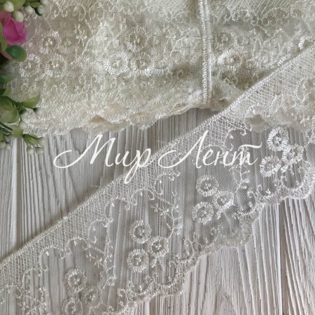 Кружево органзовое ягодки, 8,6 см, молочный, рулон 9 метров