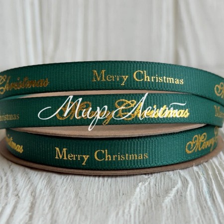 Репс 1 см, Merry Christmas (золотая надпись), темно-зеленый, рулон 18 м