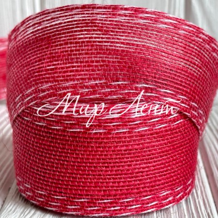 Лента мешковина леска (с белой ниткой), 4 см, красная, рулон 9 м