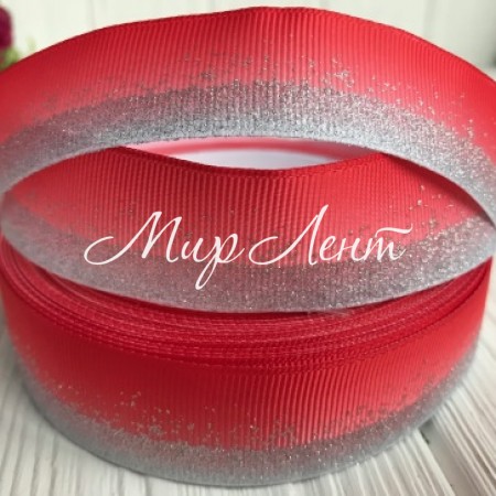 Репс 2,5 см, глиттерная розсыпь, красный с серебром, рулон 23 м
