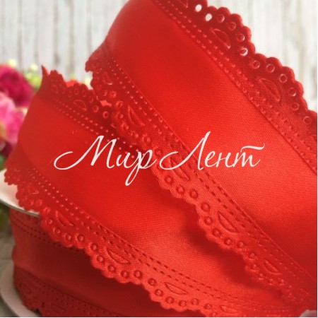 Атлас с ажурным кантом, 3,5 см, красный, рулон 20 ярдов (18,5 м)