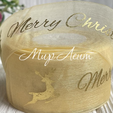 Органза 4 см, Merry Christmas с оленем, молочный, рулон 23 м