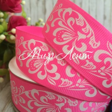 Репс 2,5 см, орнамент, яскраво-рожевий, рулон 23 м