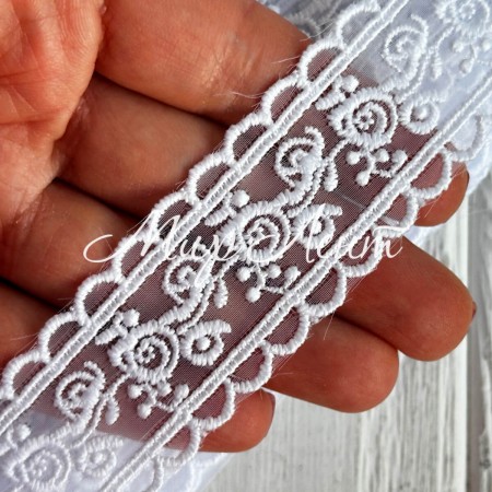 Кружево органзовое (D30107), 3 см, белое, рулон 13 м