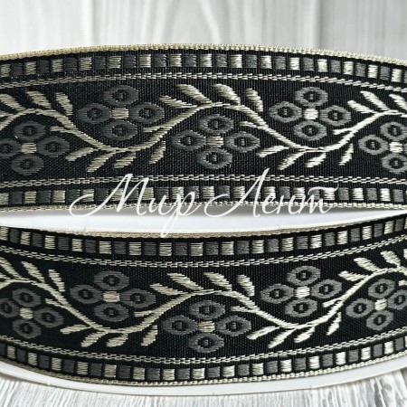 Лента с вышивкой (D19835), 3 см, черно-серая, рулон 23 м