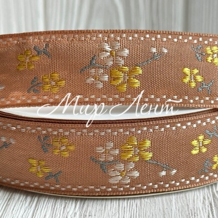 Лента с вышивкой (D19829), 2,5 см, кофейная, рулон 23 м