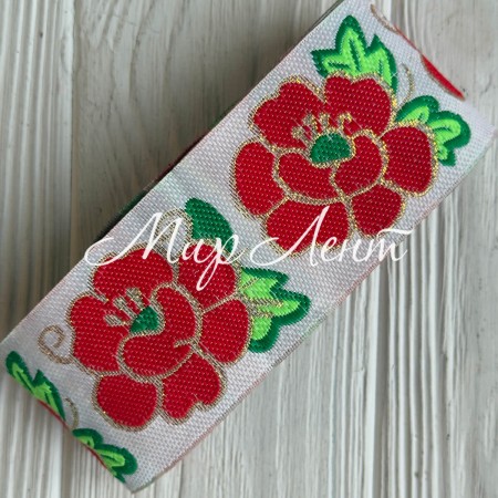 Тесьма вышиванка (мальвы), 5 см, красная с белым, рулон 9 м