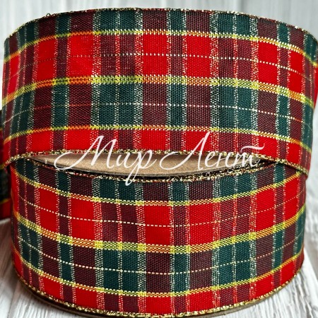 Стрічка шотландка, 4 см, зелено-червоно-золота, рулон 18,5 м
