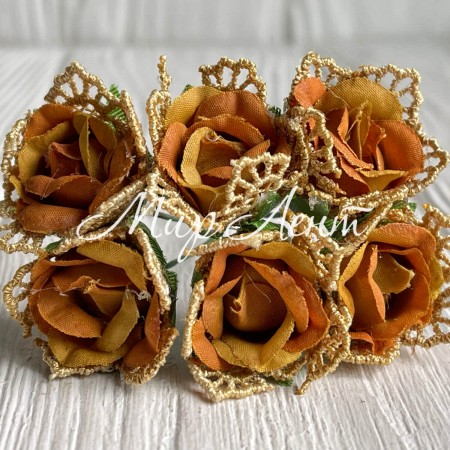 Роза тканевая (с кружевом), 2 см, горчичная, упаковка 10 пучков