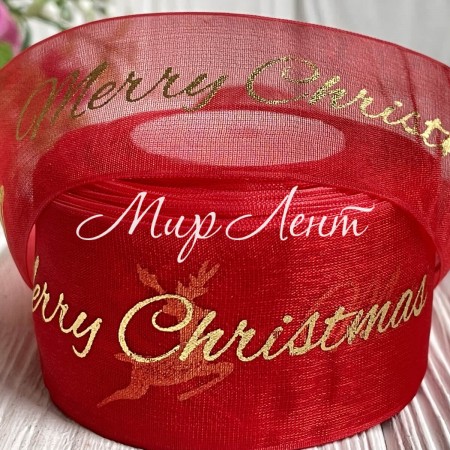Органза 4 см, Merry Christmas с оленем, красный, рулон 23 м