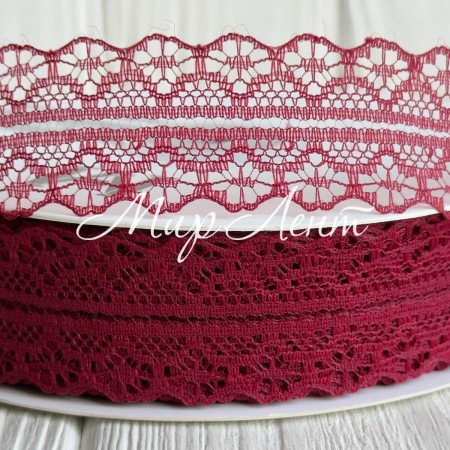 Кружево органзовое (D30328), 3 см, бордовое, рулон 45 м