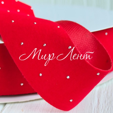 Лента велюр со стразами, 3,8 см, красная, рулон 45 м