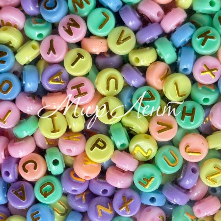 Бусина буква, 10 мм, круг (цветной микс с золотыми буквами), упаковка 500 г
