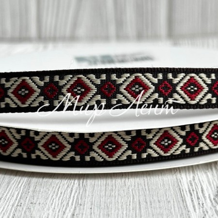 Лента с вышивкой (D19807), 1,2 см, черно-бело-красная, рулон 23 м