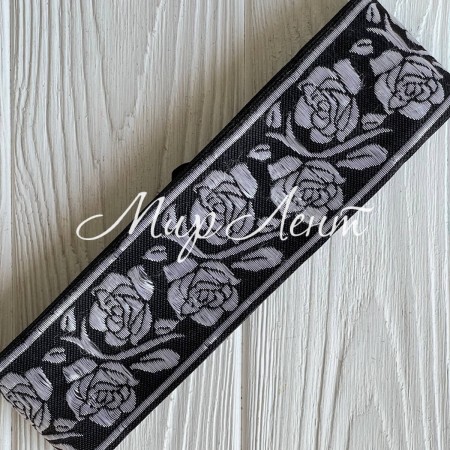 Тесьма вышиванка, 5 см, белая роза на черном, рулон 9 м