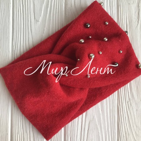 Повязка ангора широкая с жемчугом, 13 см, красная, шт.