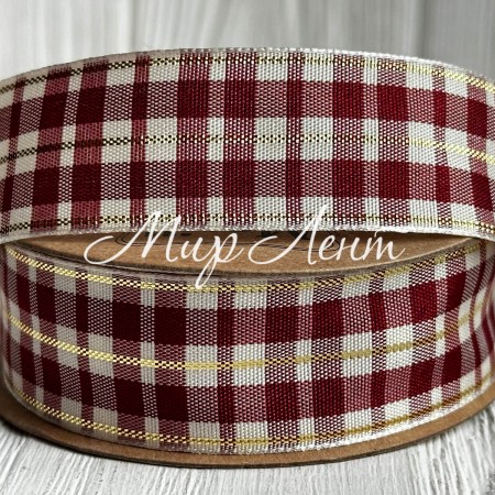 Стрічка шотландка, 2,5 см, біло-бордова, рулон 18,5 м